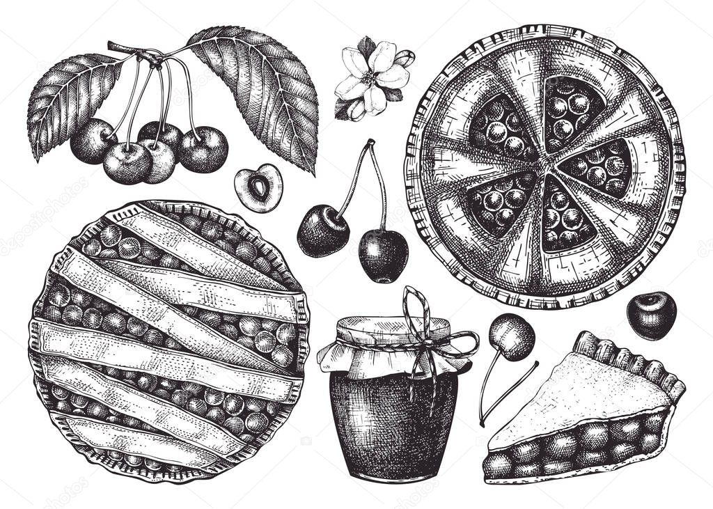 Summer fruits and berries - cherry sketches collection. Vintage illustrations of cherry branch, berries, baking cake. Hand drawn summer food elements in engraved style. Perfect for menu, recipes, packaging, logo.