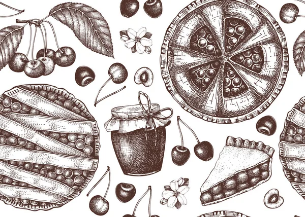 Sommerfrüchte Und Beeren Hintergrund Süße Kirsche Nahtlose Muster Vintage Illustrationen — Stockvektor