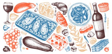 Fransız yemekleri ve içecekleri renkli taslak koleksiyonu. Restoran menüsü, yemek tarifi, piknik tasarımı için el yapımı yemekler. Oymalı yiyecek, atıştırmalık ve içecek tarzı.. 