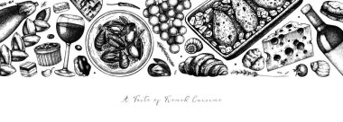 Fransız yemekleri ve içecekler klasik afişler. Restoran menüsü, yemek tarifi, broşür tasarımı için el yapımı yemekler. İşlenmiş stil yiyecek, atıştırmalık ve içecek arka planı