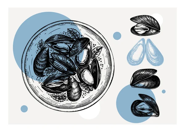 Μαγειρεμένα Μύδια Βότανα Στο Πιάτο Εικονογράφηση Shellfish Και Θαλασσινά Εστιατόριο — Διανυσματικό Αρχείο