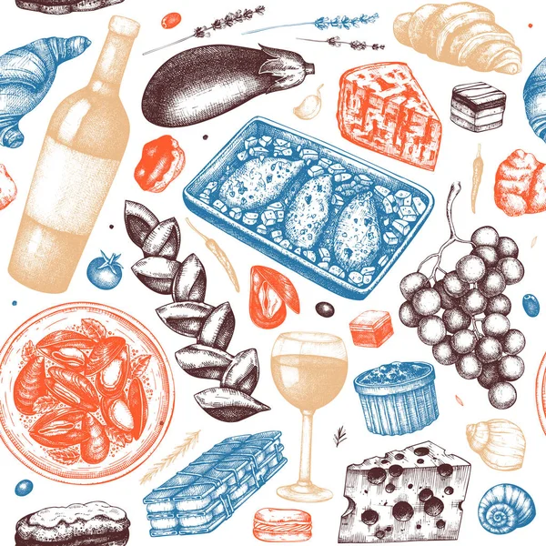 Traditional French Food Seamless Pattern Hand Drawn Wine Meat Dishes — Stock Vector