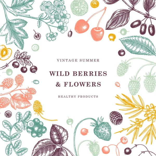 Рука Намальована Ягідна Рамка Гравірованого Стилю Дикі Ягоди Дизайн Квітів — стоковий вектор