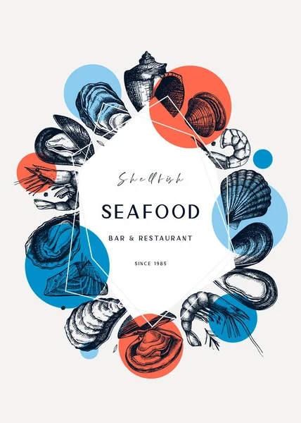 シーフードトレンディーなコラージュデザイン 抽象的な要素を持つ貝のフレーム 軟体動物 魚のスケッチ レシピ メニュー 梱包に最適です ヴィンテージムール貝と牡蠣 — ストックベクタ