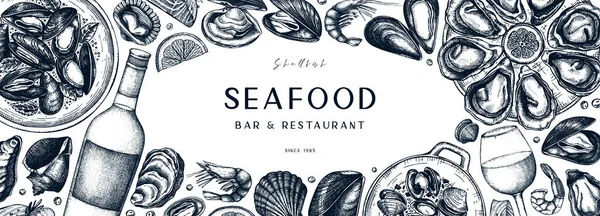 シーフードとワインのバナーデザイン 軟体動物 魚のスケッチと貝のフレーム レシピ メニュー 梱包に最適です ヴィンテージムール貝とカキの背景 — ストックベクタ