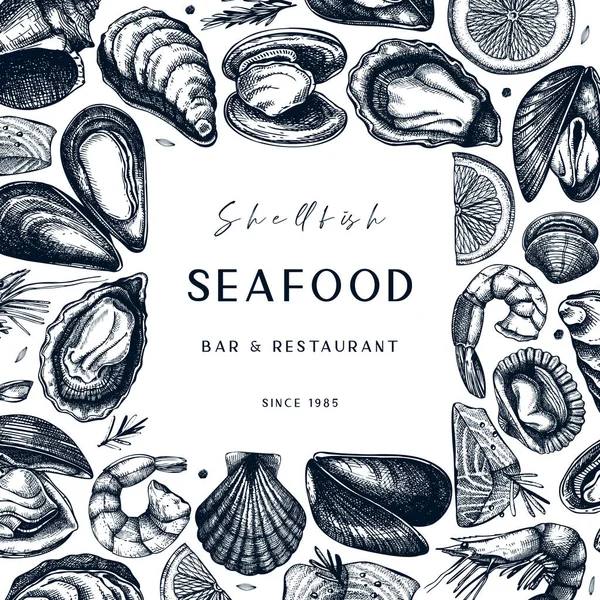 Vector Frame Hand Drawn Seafood Illustrations Φρέσκα Ψάρια Στρείδια Μύδια — Διανυσματικό Αρχείο