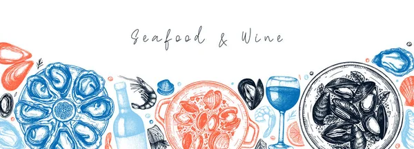 Meeresfrüchte Und Wein Banner Design Schalentierrahmen Mit Weichtieren Garnelen Fischskizzen — Stockvektor