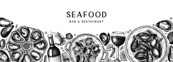 Deniz Ürünleri Şarap Afişi Tasarımı Yumuşakçalar Karidesler Balık Çizimleri Yemek — Stok Vektör