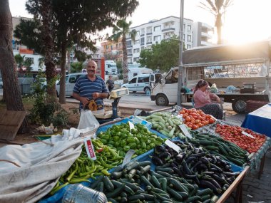 Gülümseyen yaşlı sebze satıcısı Türk pazarında sebze tezgahının arkasında duruyor.