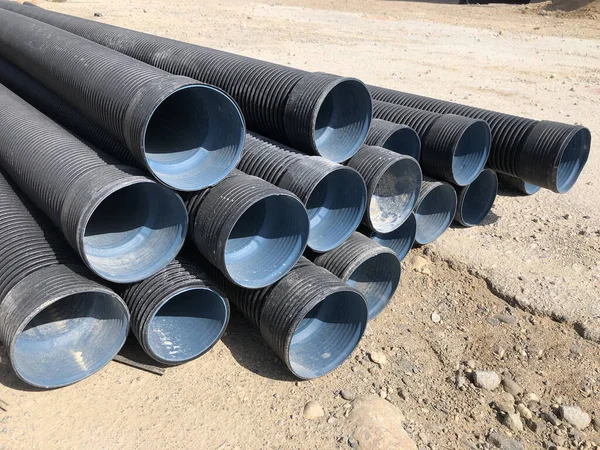 Stacked Corrugated Pvc Pipes Outdoor Warehouse Drainage Plumbing Stormwater Equipment — Stock Photo, Image
