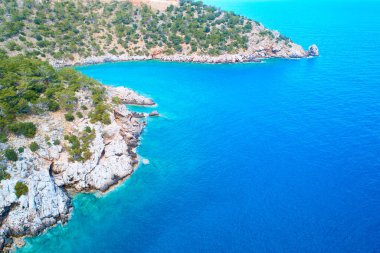Parlak berrak deniz suyu ve kayalık kıyı manzarası.