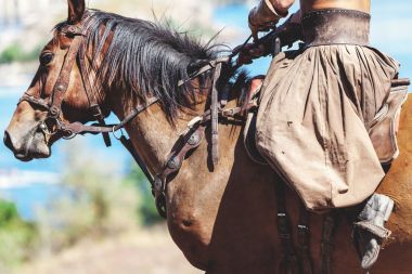 Eski savaşçı bir atın üzerinde oturanbir