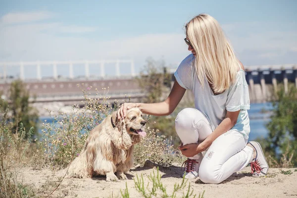 Slender blond woman sitting and stroking a Cocker Spaniel — Stock Photo, Image