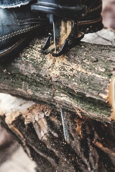往復力の鋸製材丸太材のクローズ アップ — ストック写真