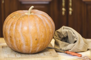 bıçak ve çanta yanında kesme tahtası üzerinde büyük kabak