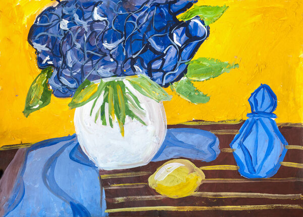 Children's drawing. Vase with  bouquet of blue and yellow lemon