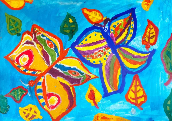 Dibujo infantil. Dos mariposas de colores sobre fondo azul —  Fotos de Stock