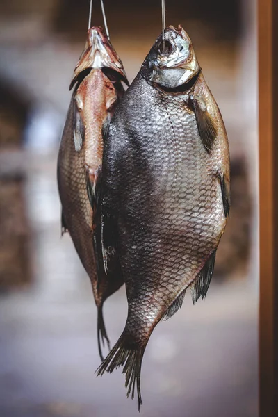 İki iştah açıcı kurutulmuş balık üzerinde arka plan bulanık tartmak