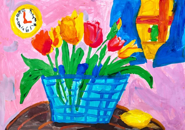 Dibujo infantil. Bodegón con tulipanes y reloj redondo —  Fotos de Stock