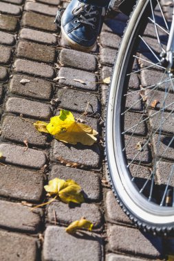 Bisiklet pedalı sonbahar Köprüsü'nde spor ayakkabı ayak