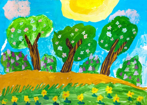 Tekening van de kinderen. Drie groene boom — Stockfoto