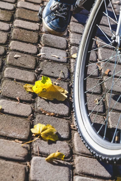 Bisiklet pedalı sonbahar Köprüsü'nde spor ayakkabı ayak