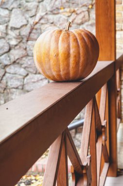 büyük turuncu kabak veranda ahşap korkuluk üzerinde yatıyor
