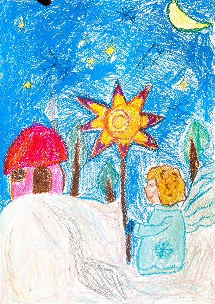 Children's drawing. boy is star of Bethlehem on Christmas holida