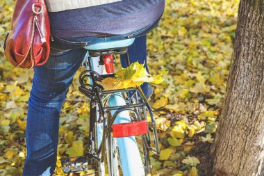 Sonbahar Bisiklete binmek. Bisiklet gövdede düşmüş akçaağaç yaprakları