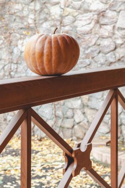büyük turuncu kabak veranda ahşap korkuluk üzerinde yatıyor