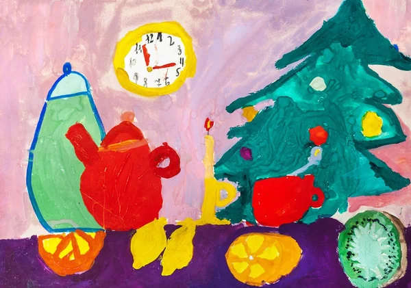 Dibujo infantil. Navidad naturaleza muerta —  Fotos de Stock