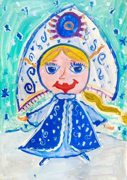 Детский рисунок. Снегурочка с длинным брейдом в головном уборе — стоковое фото