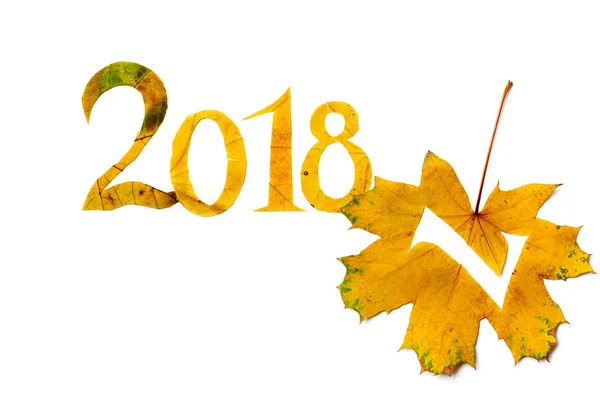 2018. cifre scolpite da foglie di acero giallo su sfondo bianco — Foto Stock