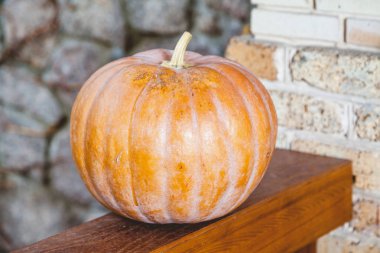 büyük turuncu kabak veranda ahşap korkuluk üzerinde yatıyor