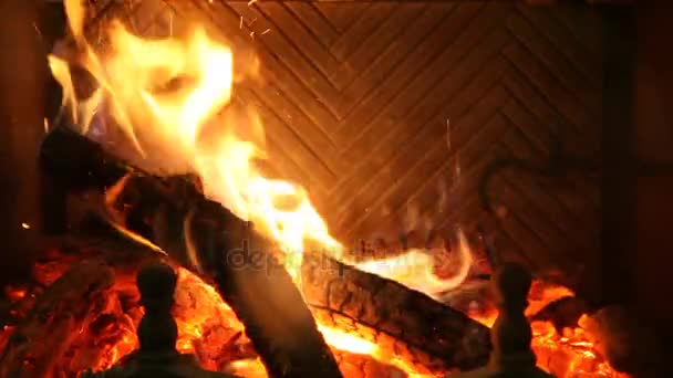 丸ログは 暖炉で焼きます 古代真鍮火鉄は 石炭燃焼を修正します 男の手は 火の中に次のログを置きます ビデオ — ストック動画