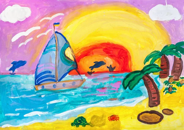 Niños dibujando. paisaje de verano. Mar y velero azul —  Fotos de Stock