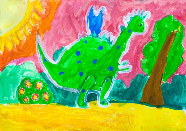 Bambini che disegnano. Grande dinosauro verde — Foto Stock