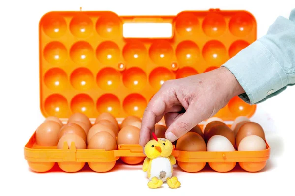 Frango de brinquedo senta-se na frente do recipiente laranja com ovos — Fotografia de Stock