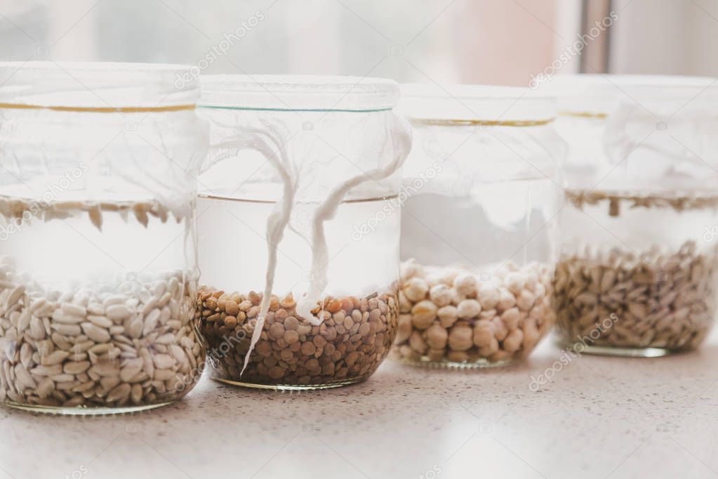 Glass jars with different grains