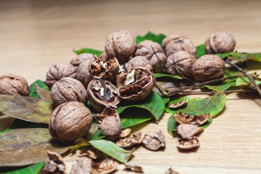 Birkaç ceviz kahverengi zemin üzerinde yalan