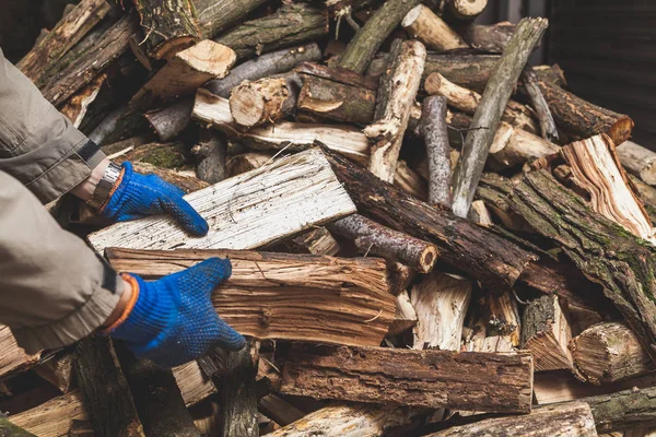 Las manos en guantes sostienen troncos de madera — Foto de Stock