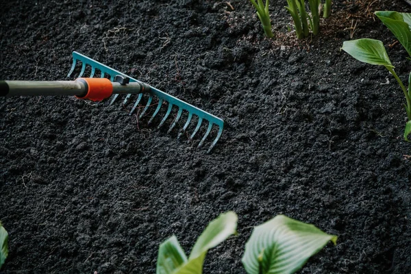 Cultivo de tierra con herramienta de jardín — Foto de Stock