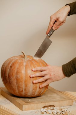 Adam elleri büyük bıçak ile olgun kabak kesti