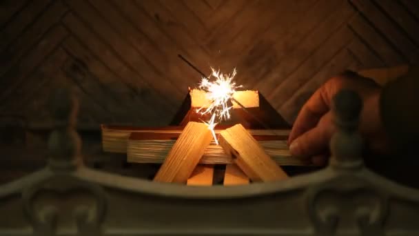 Close Sparkler Wood Fireplace Sparkler Fireplace Hand Lights Firewood Fireplace — Stockvideo