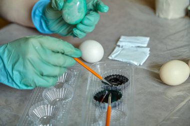 Paskalya yumurtalarını boyamak. Kauçuk eldivenli eller Hristiyan bayramının özellikleri olan tavuk yumurtaları renginde.