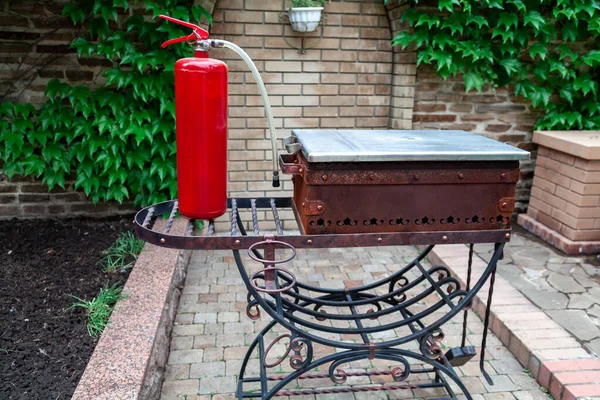 烤肉和灭火器 一个大的红色灭火器站在一个锻造的烧烤架上 — 图库照片