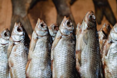Pazarda balık serisi. Bir grup kurutulmuş balık koçu tezgahın üzerinde duruyor.