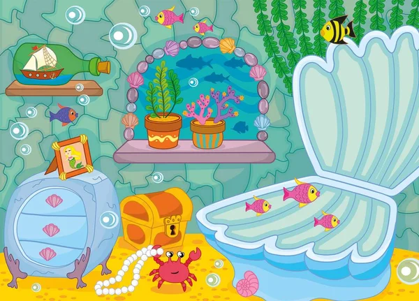 Sirena Habitación Una Casa Submarina Peces Nadan Cangrejo Roba Perlas — Vector de stock