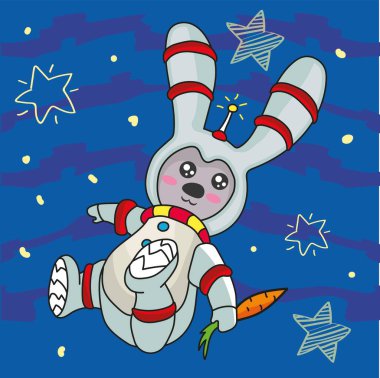 Tavşan astronot bir havuçla uzayda uçar.