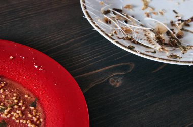 Karşılıklı iki tabak. Salata artıklarıyla kırmızı tabak ve balık kemikleriyle beyaz tabak. Vejetaryenlik ve kötümserlik veya et yeme kavramı